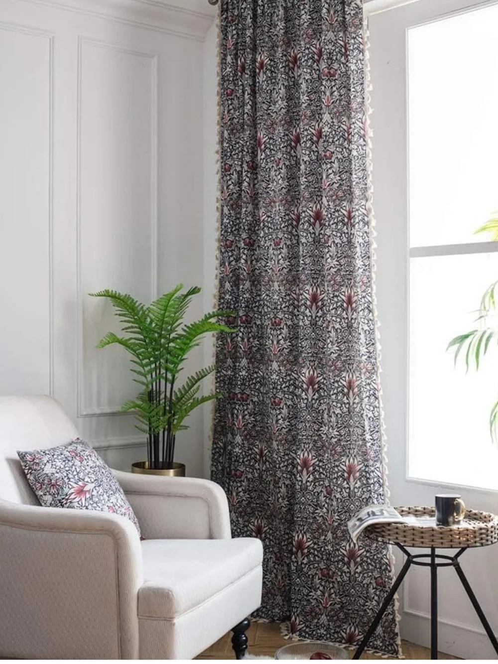 Amazon Navy Floral Throw Blanket with Red Accents and Cream Tassels